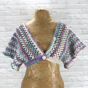 HAND CRAFTED Cardigan Sweater Cropped Crochet Striped Lavender Granny Square